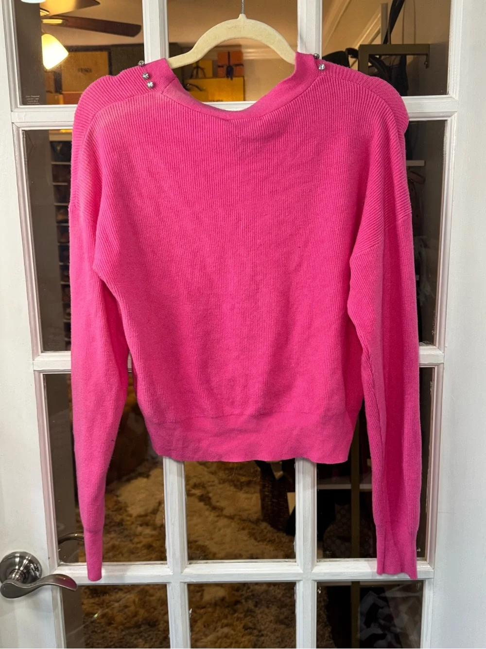 🪩🩷💕 Milano Hot Pink V-Neck Crystal-Trim Bling Embellished Cardigan Sweater 💕🩷🪩 - Picture 4 of 9